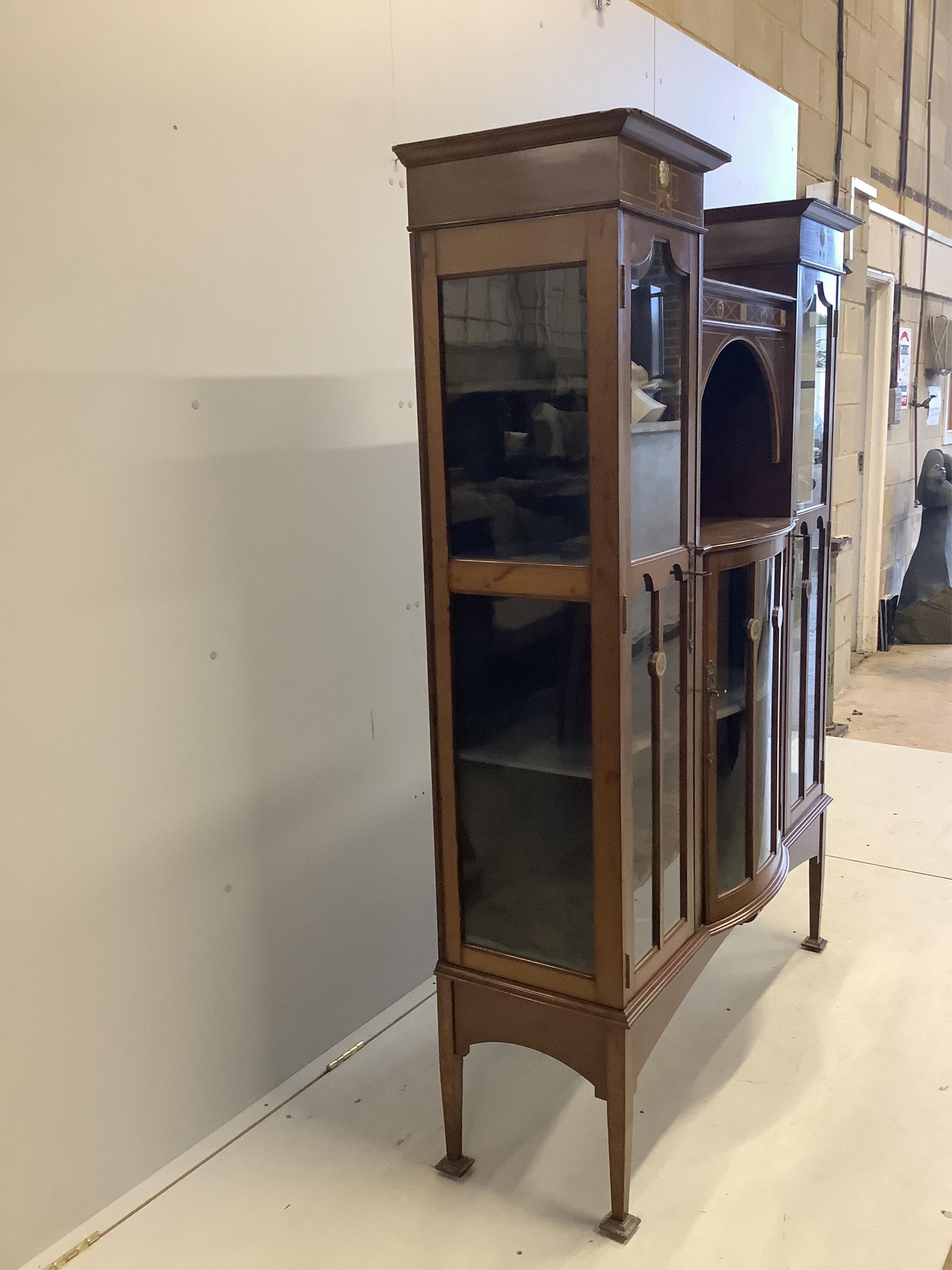 An Edwardian Art Nouveau mother of pearl inlaid display cabinet, width 122cm, depth 38cm, height 169cm. Condition - fair